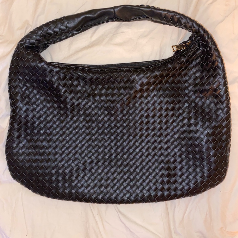 Large Black Woven Leather Bag